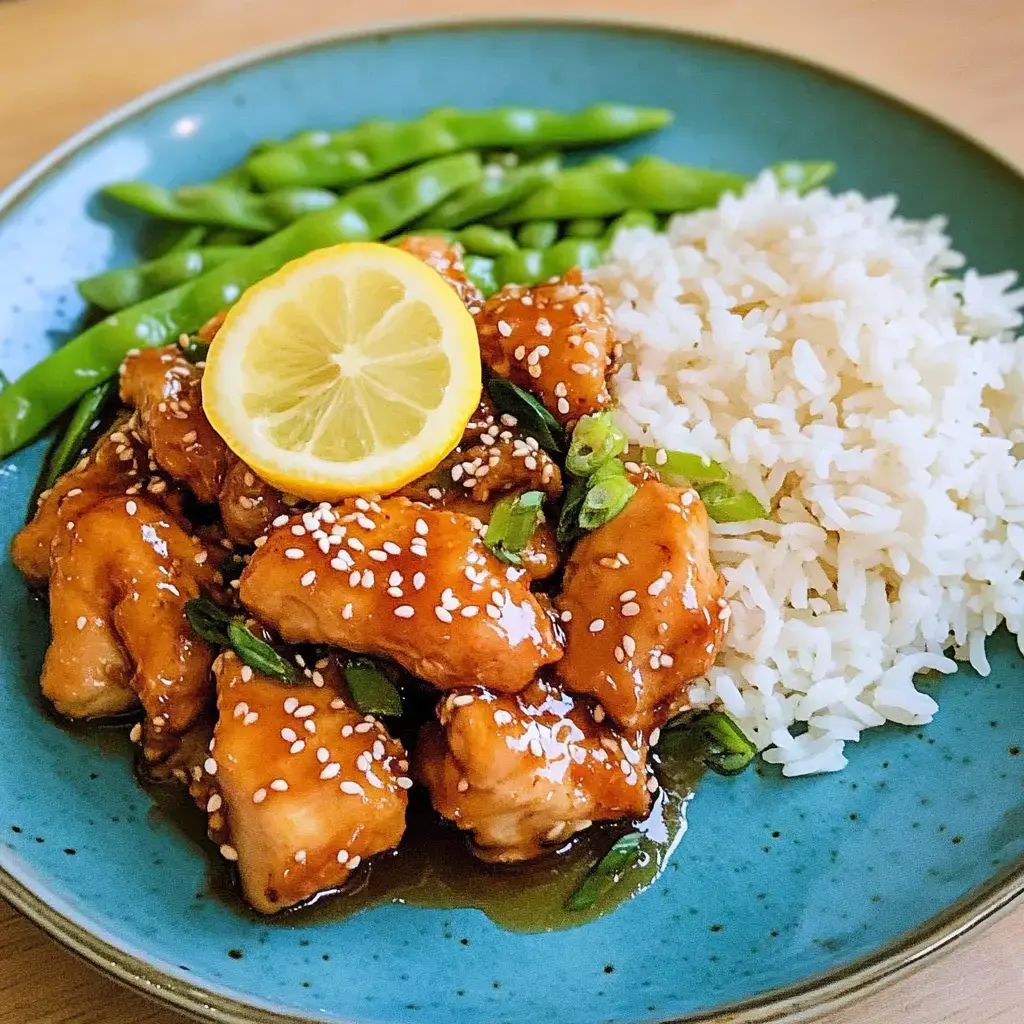 A blue plate piled with crispy fried chicken drizzled in lemon sauce, next to white rice and green beans.