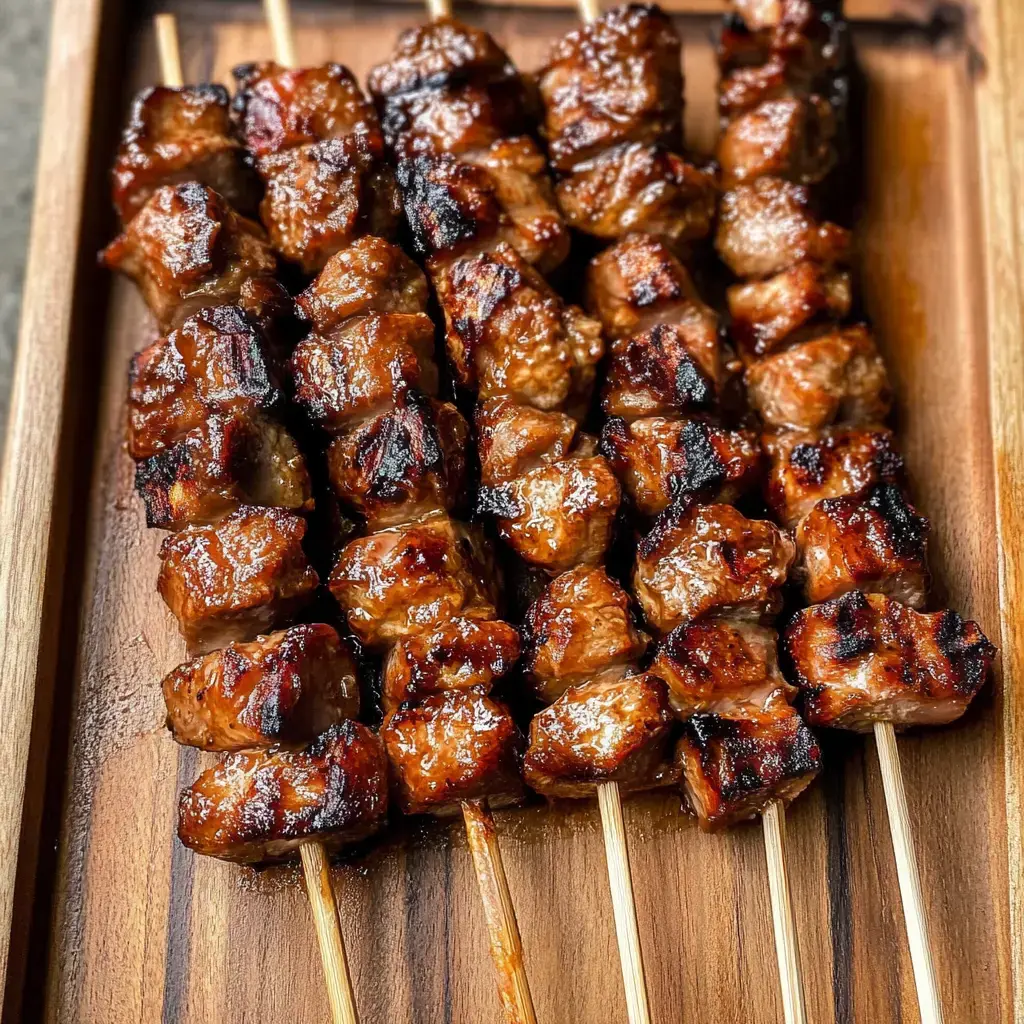 Delicious meat skewers with a shiny glaze, neatly placed on a wooden board.