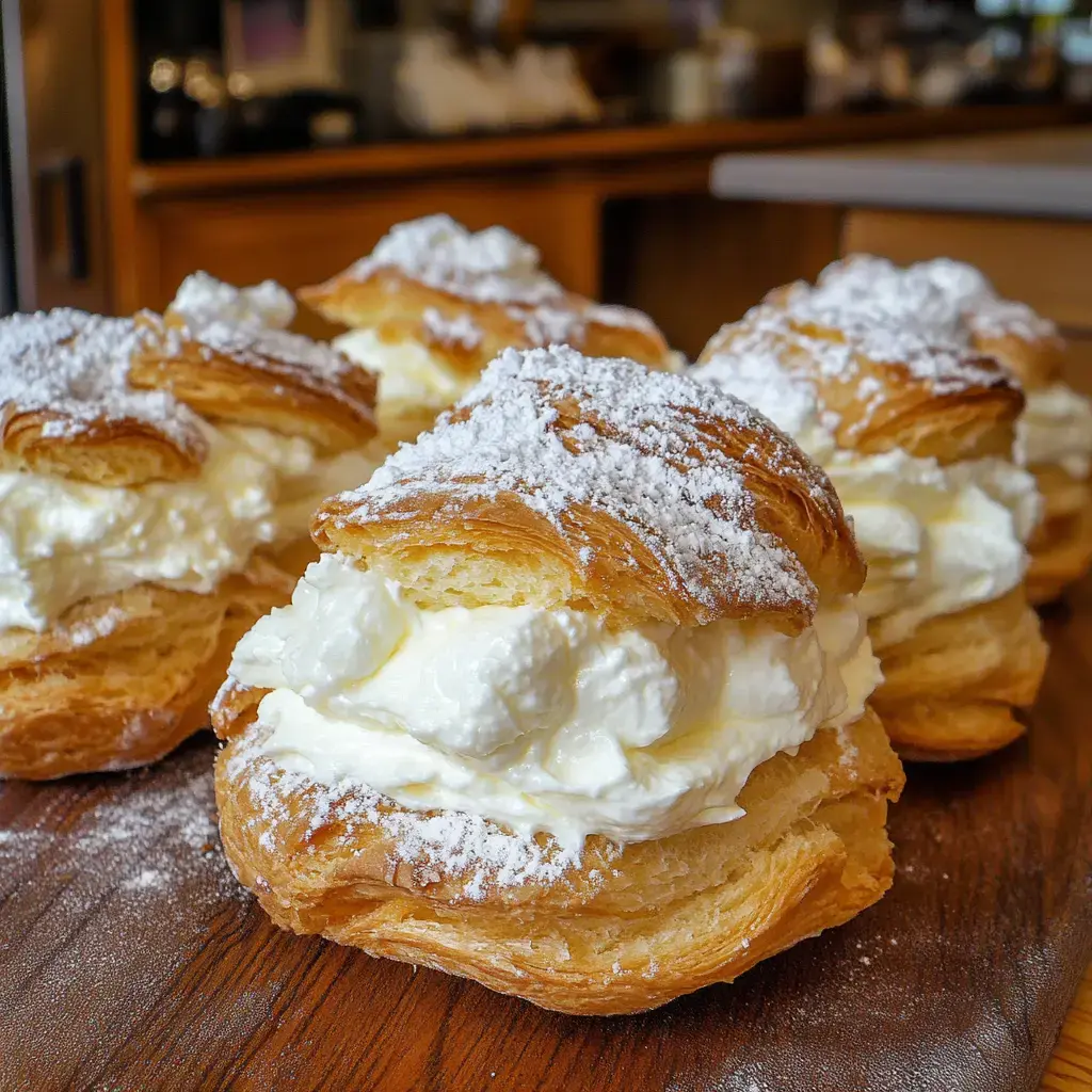 Close-up of delicate cream-filled pastries dusted with powdered sugar on a wooden table.
