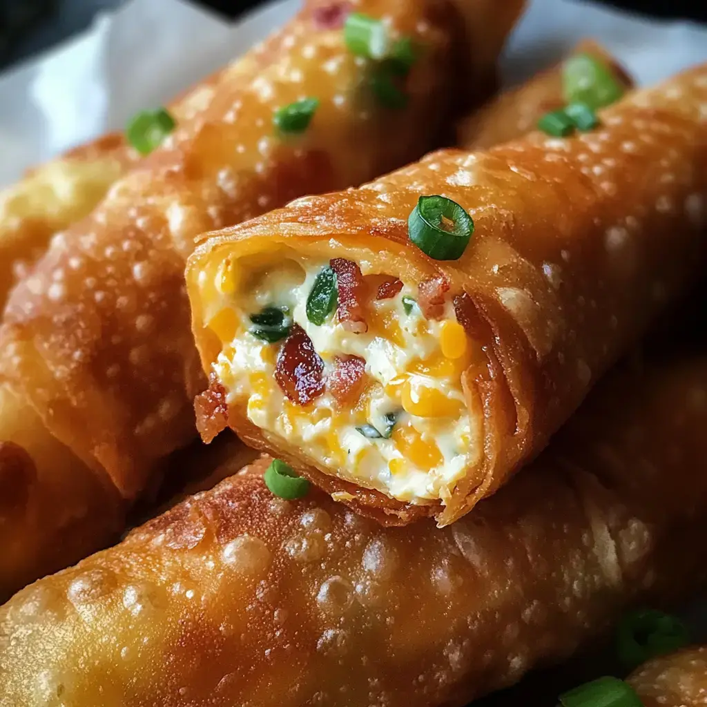 Golden, crispy rolls filled with a cheesy, bacon-packed, spicy mixture, ready to be enjoyed.