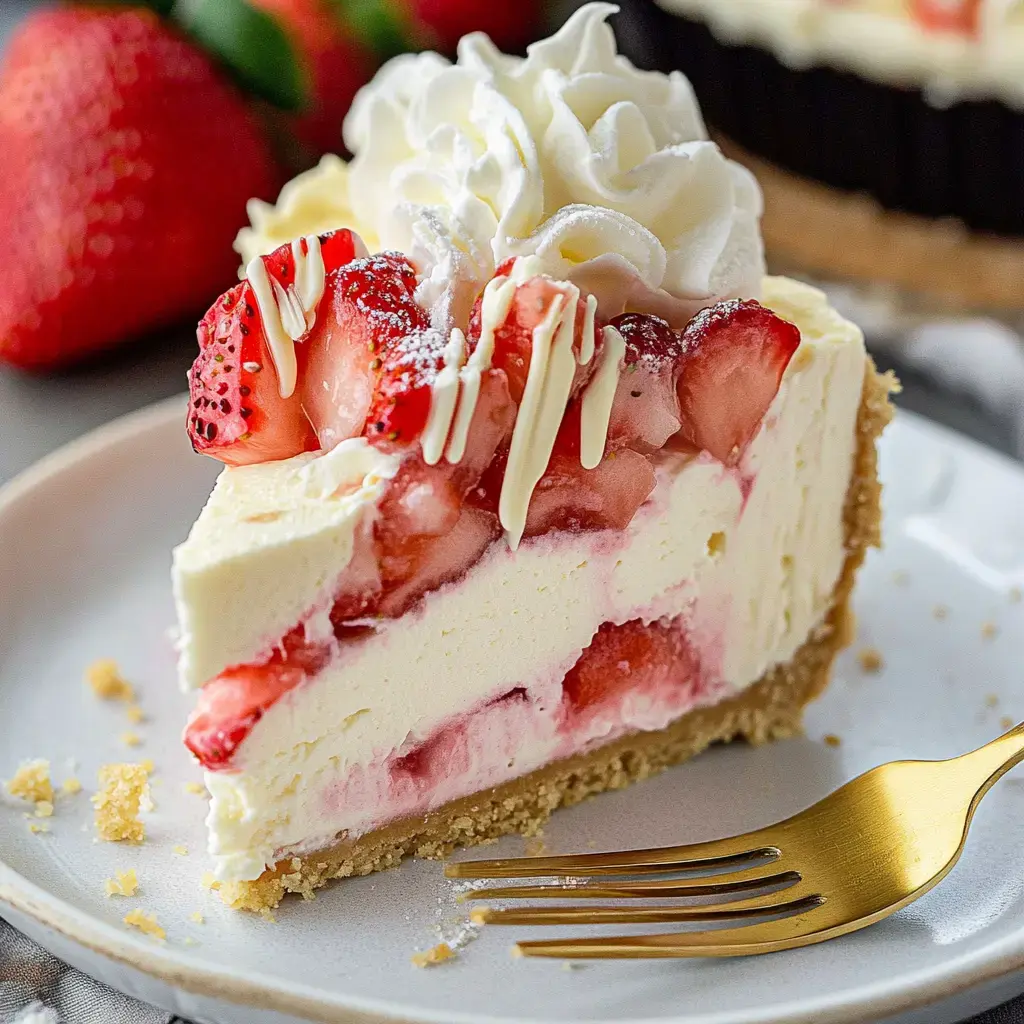 Whipped cream and fresh strawberries on a slice of cheesecake sitting next to a gold fork on a plate.