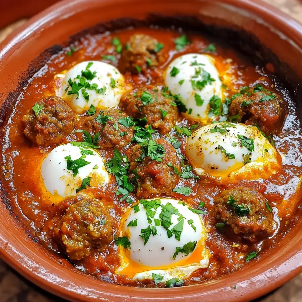 A dish of tomato-covered meatballs and eggs with garnish.