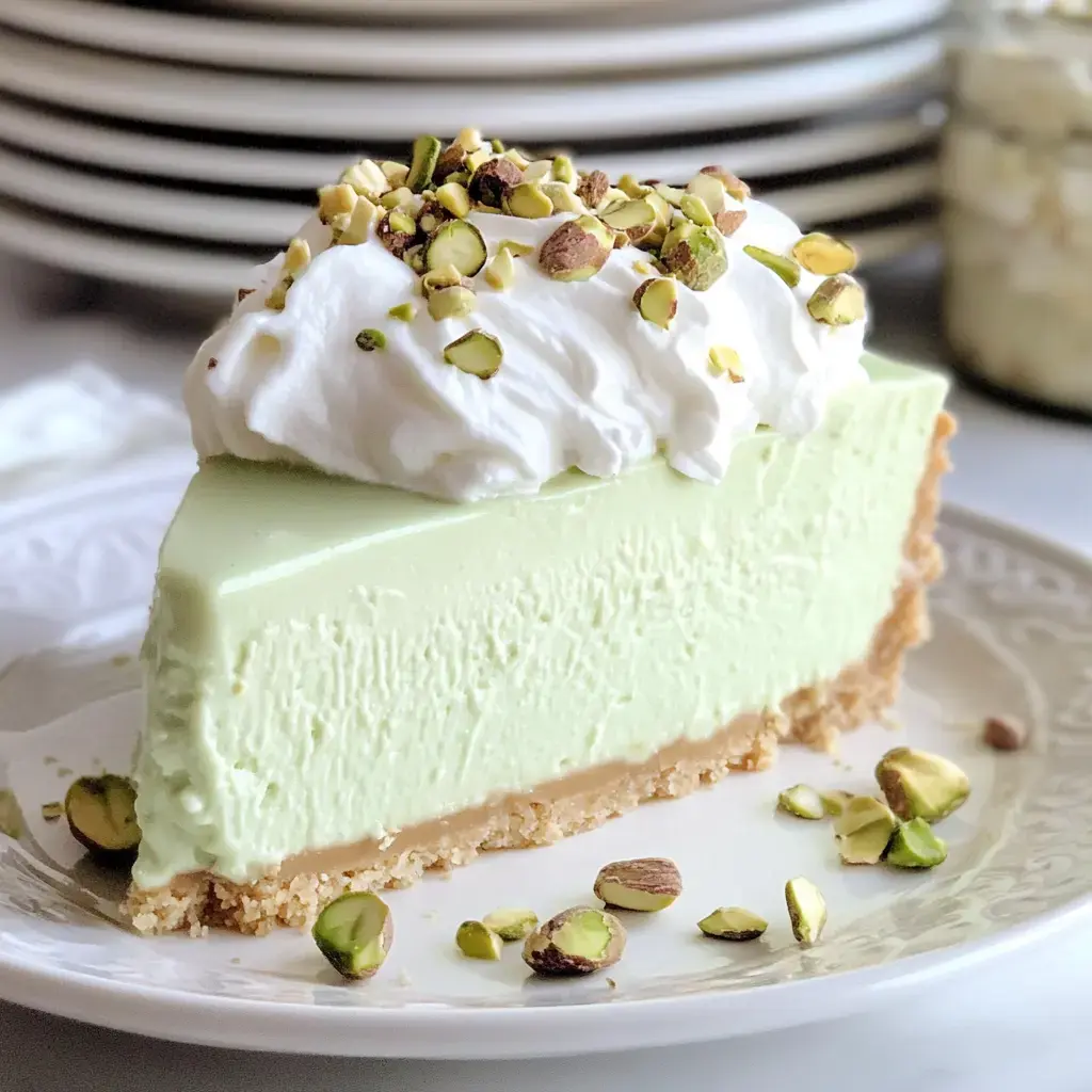 A vibrant, creamy pistachio dessert slice with whipped cream and pistachio pieces on top, served on a decorative plate.