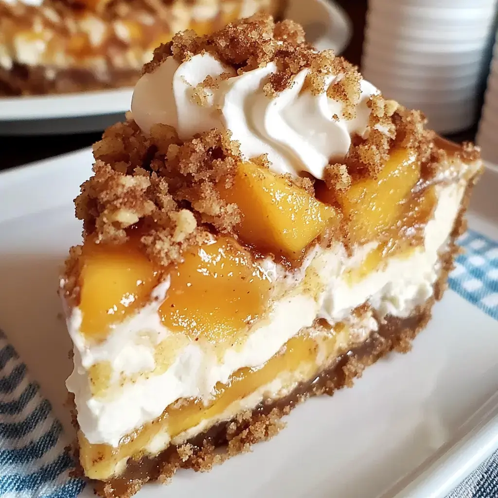 One creamy peach slice topped with whipped cream crumbles ready to eat.