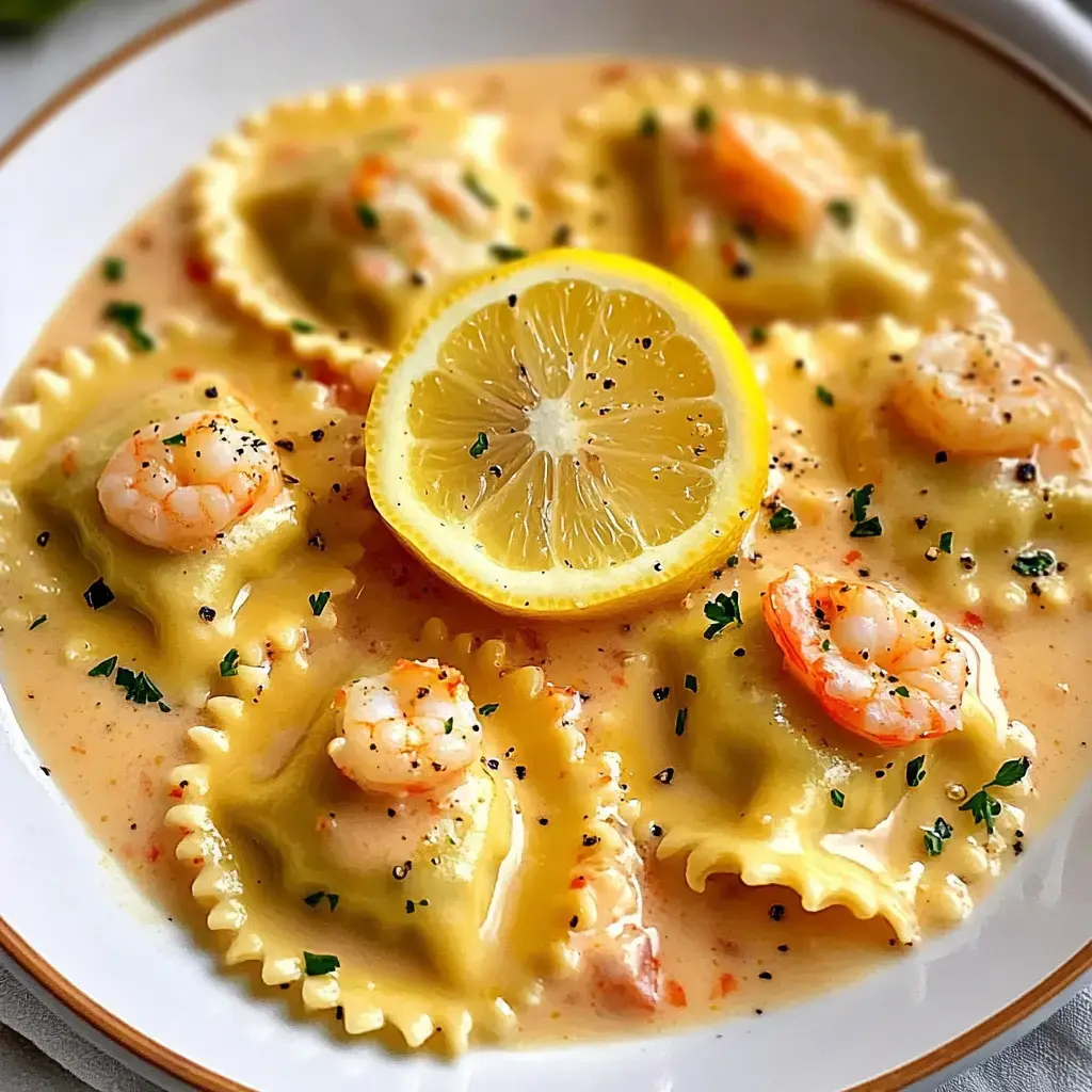 Creamy shrimp-topped ravioli with lemon garnish on a plate.