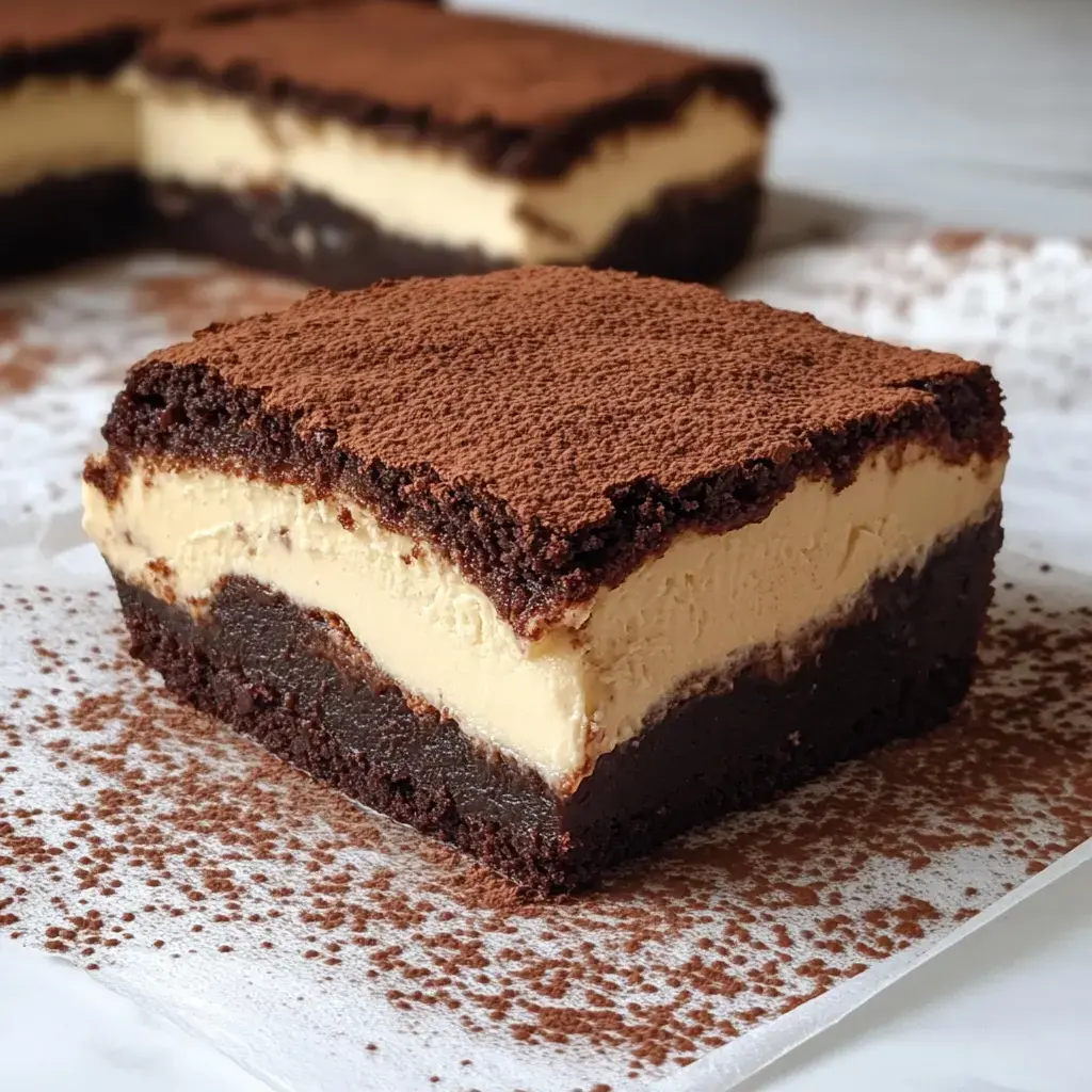 A dessert slice showing chocolate brownie layers, creamy mascarpone topping, and cocoa dusting.