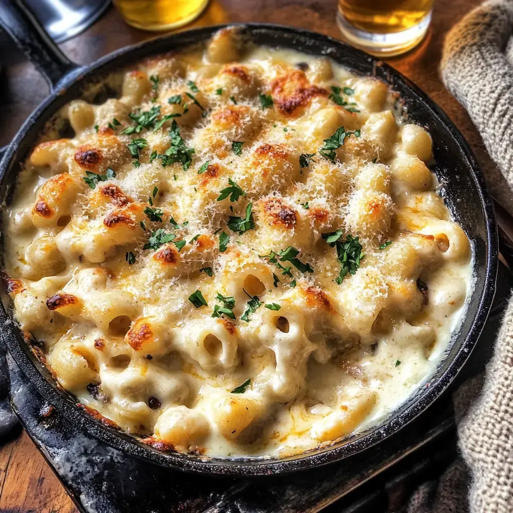 A cheesy baked dish featuring macaroni and golden, bubbly cheese, served in a skillet with fresh parsley.