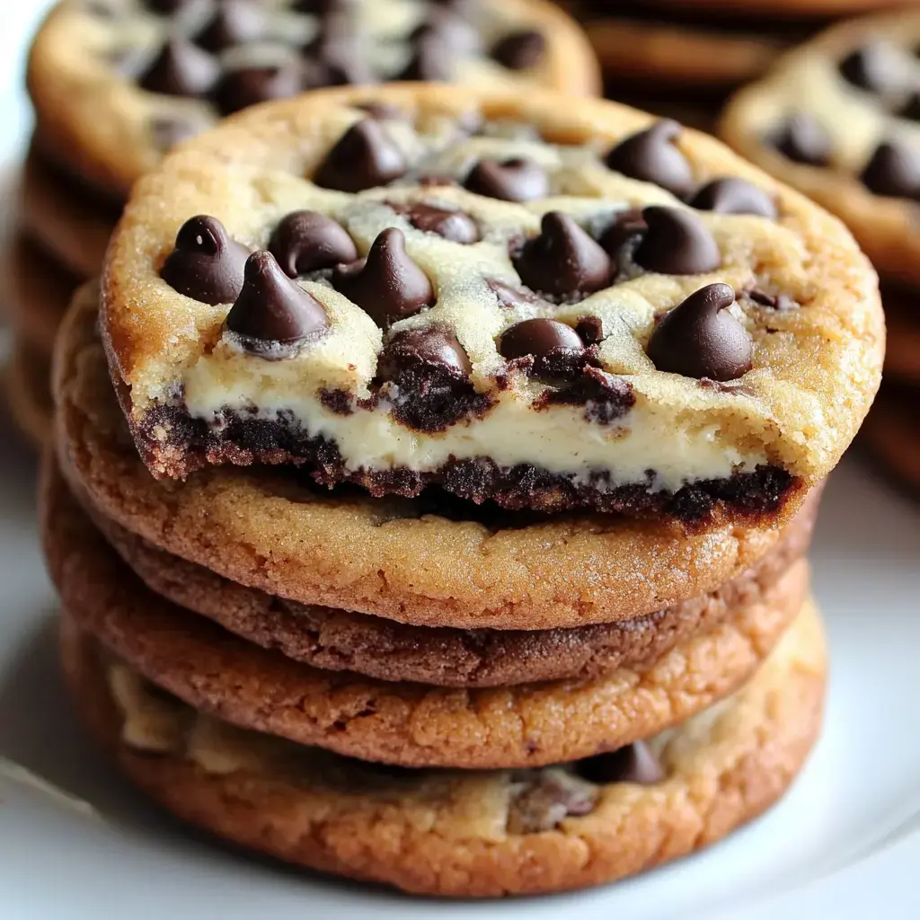A stack of chocolate chip cookies fresh from the oven, with one broken open showing creamy filling and melty chocolate pieces on top.