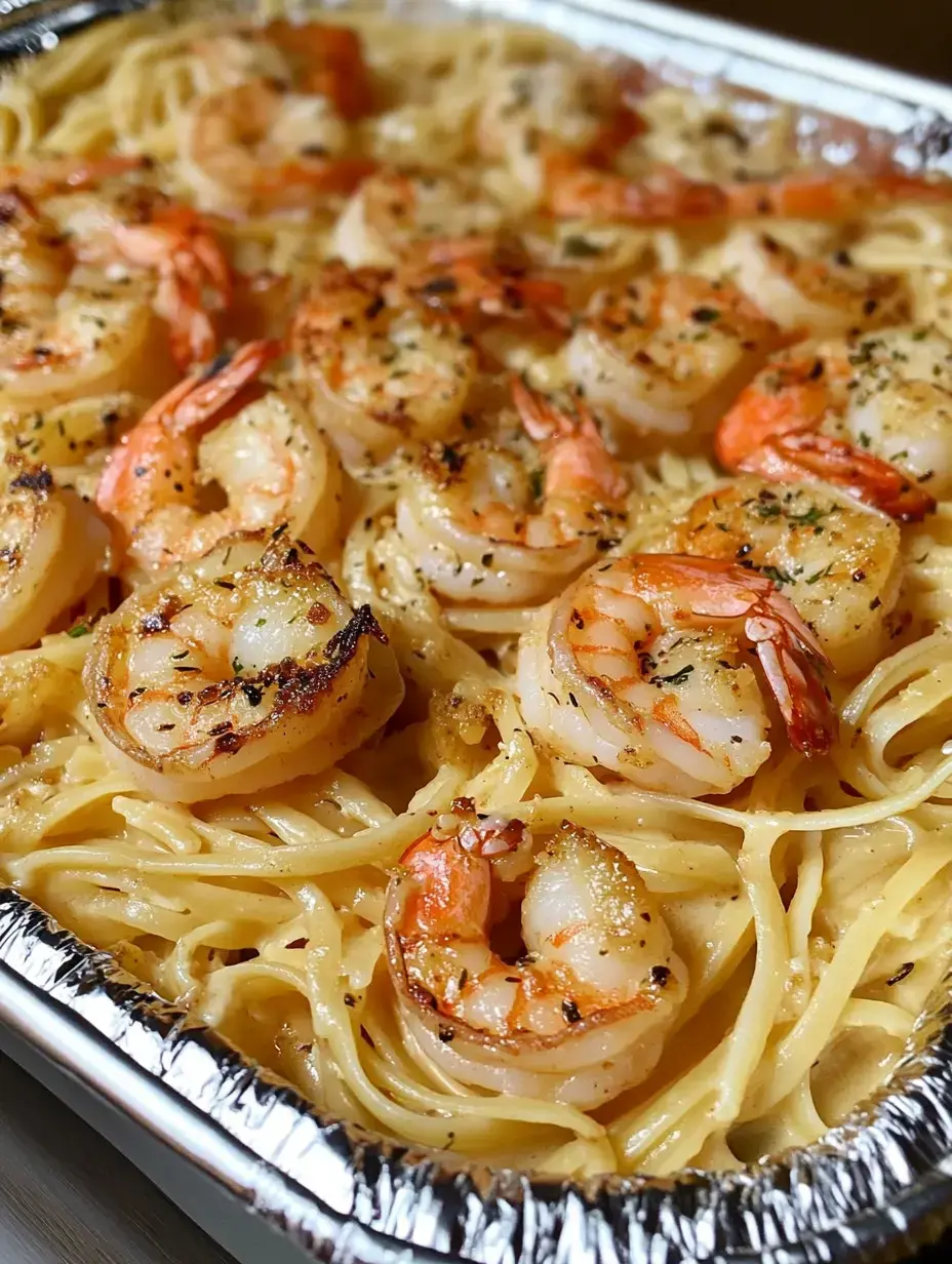 A tight shot of linguine pasta covered with grilled shrimp and fresh herbs in a foil container.
