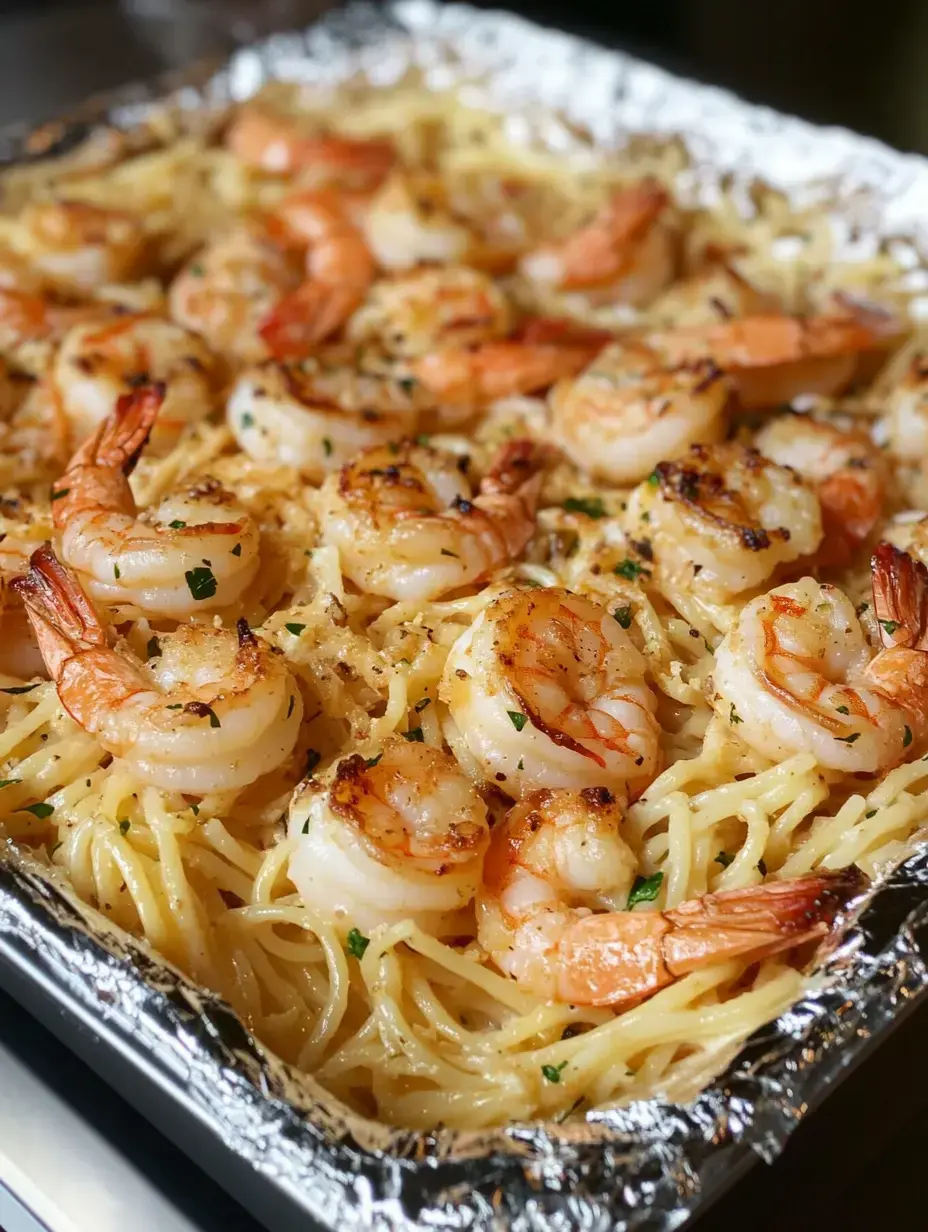 A dish of pasta topped with cooked shrimp and sprinkled with fresh herbs.