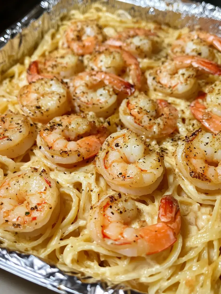 A detailed view of fresh shrimp arranged on creamy pasta in an aluminum dish.