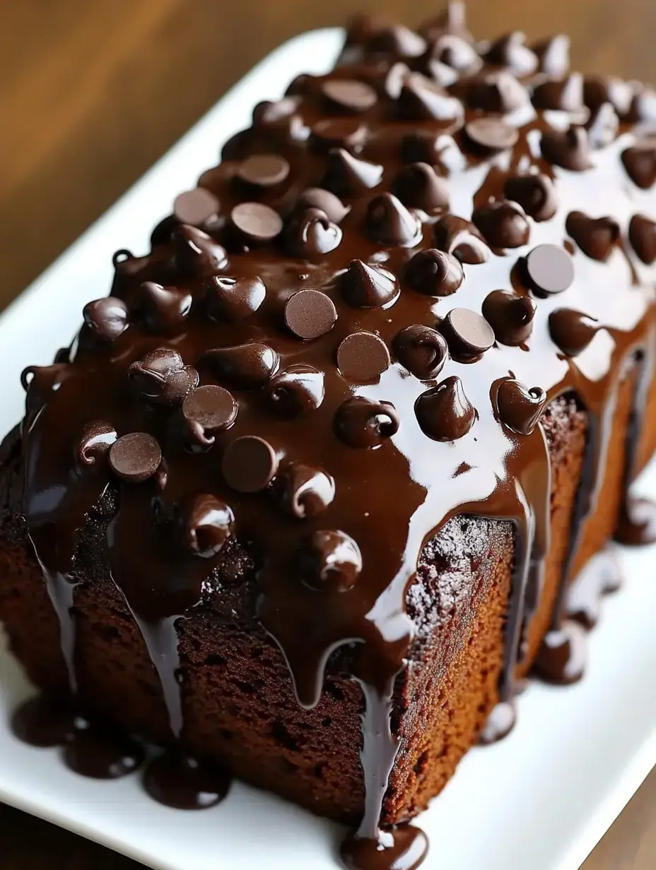 A juicy chocolate bread with thick chocolate topping scattered with chunks of chocolate chips.