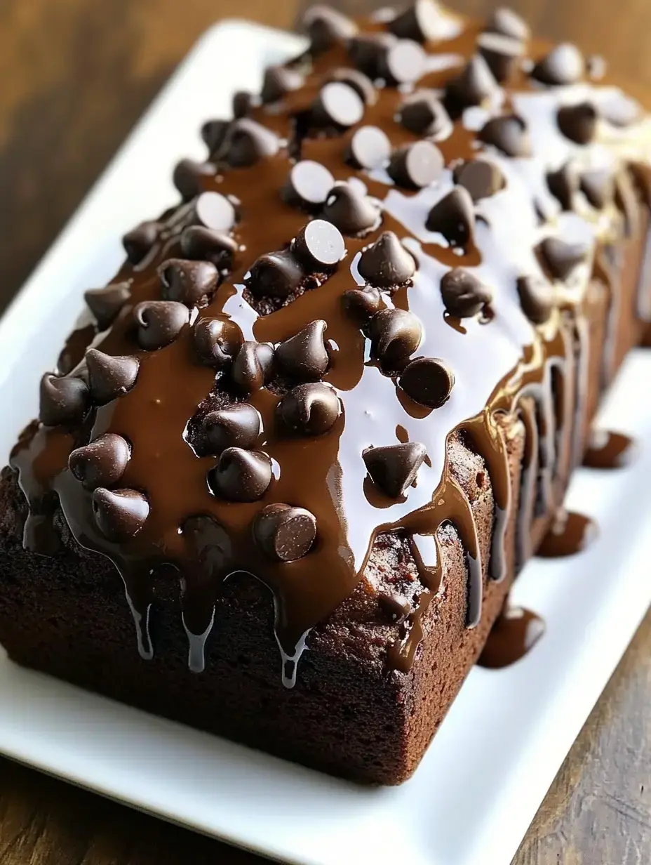 A soft chocolate bread covered with melted chocolate and sprinkled chocolate bits dripping down the sides.