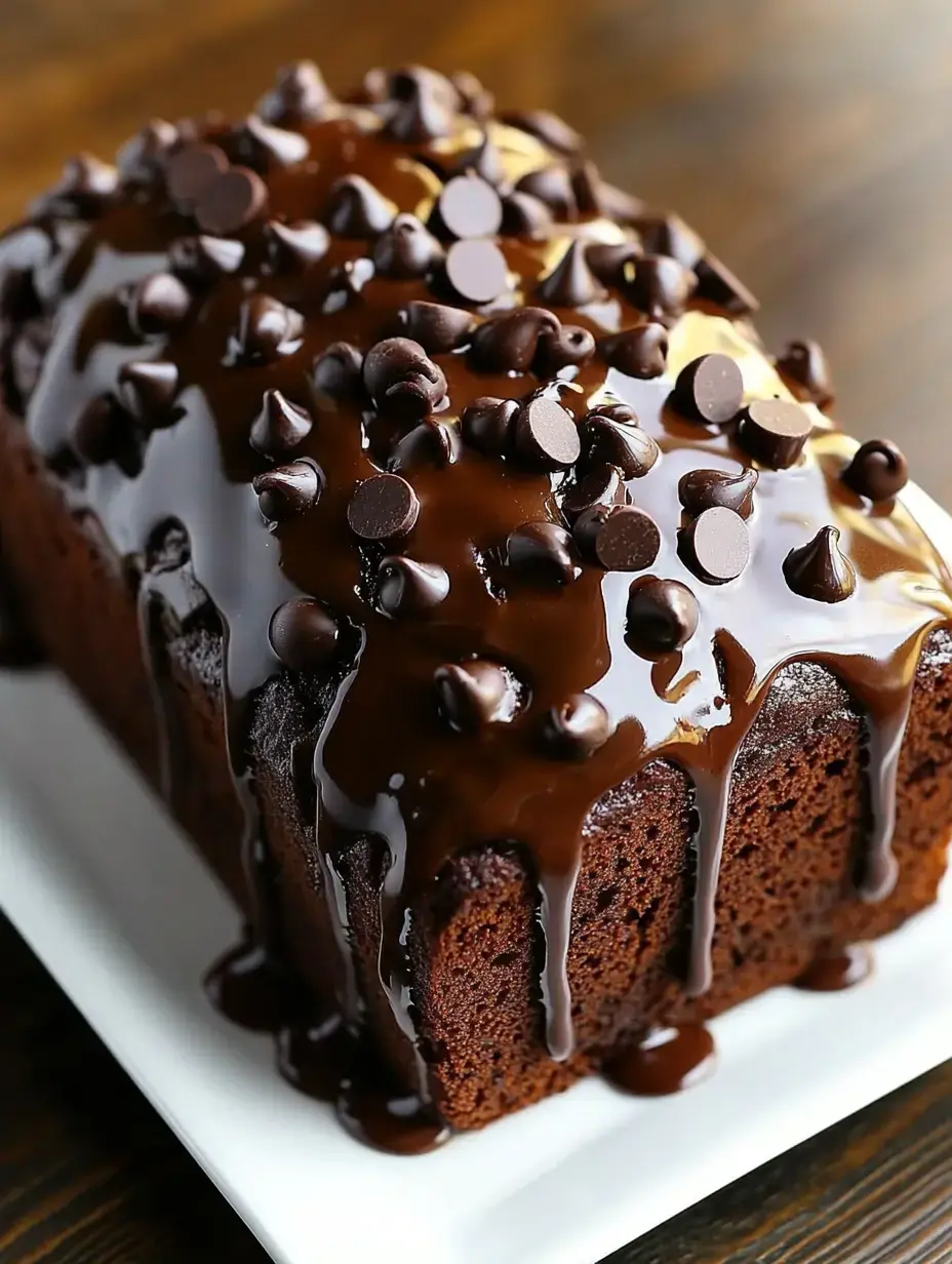 A rich chocolate bread topped with shiny chocolate sauce and scattered chocolate chips.