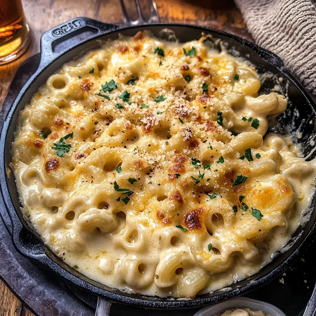 A heavy skillet contains a portion of velvety, baked mac and cheese finished with toasted breadcrumbs and fresh herbs on top.