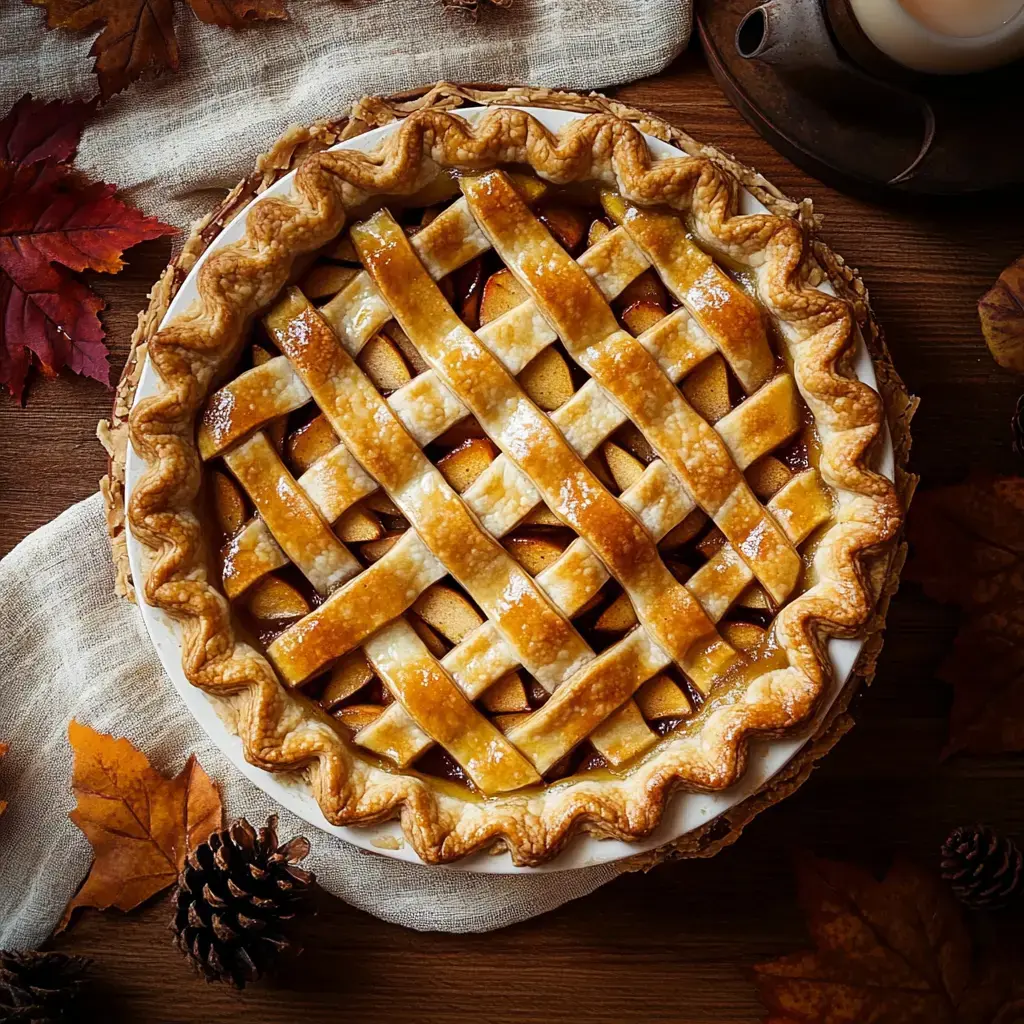A freshly baked apple pie with a golden lattice crust sits on a wooden surface surrounded by autumn leaves and pinecones.