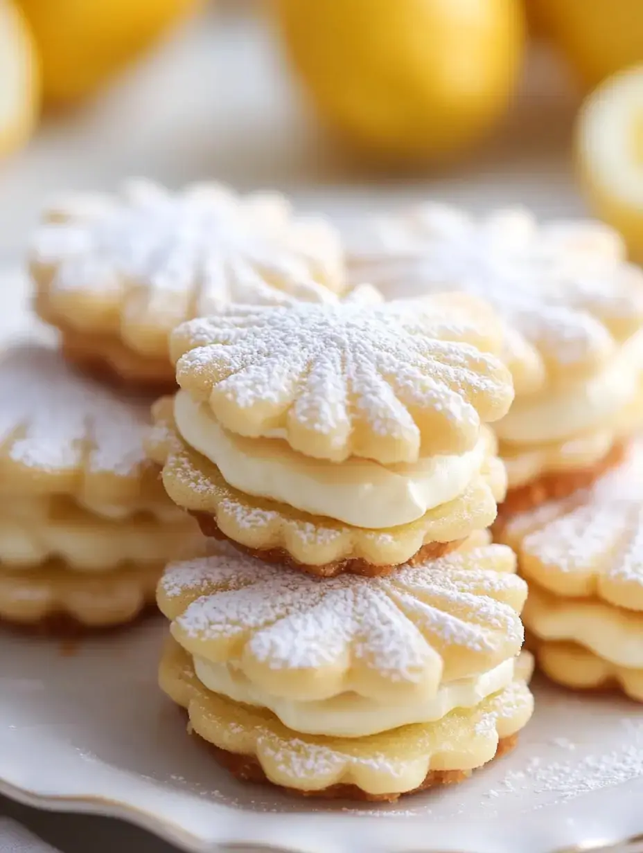 A yummy display of citrus cookies packed with cream and lightly covered in sugar powder, shown with bright yellow lemons nearby.