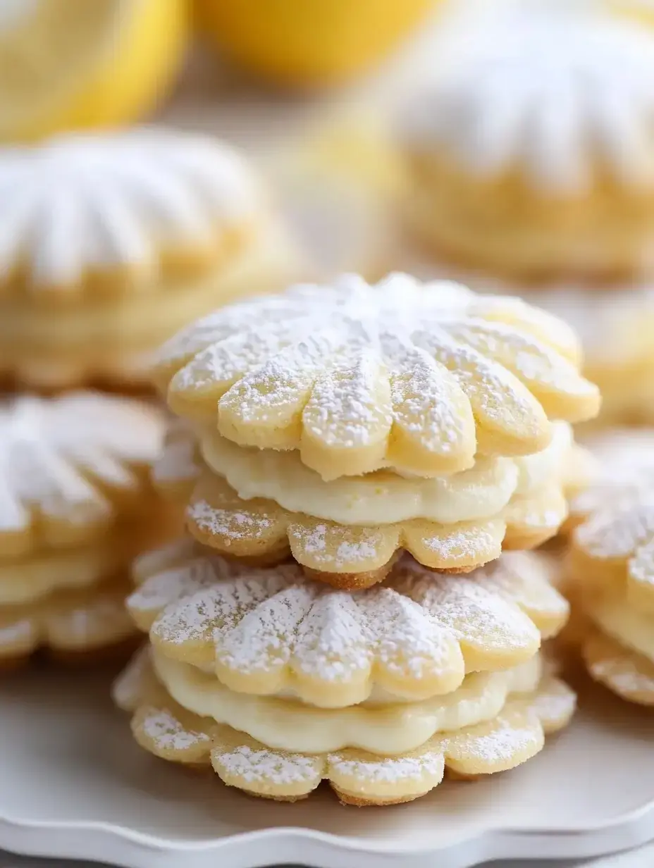 Several cream-filled lemon cookies piled on top of each other dusted with sugar powder, with some blurry lemons in the background.