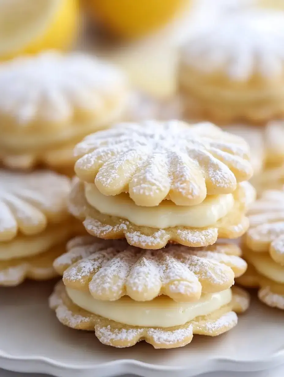 Some dainty lemon-filled cookies sprinkled with powdered sugar, set on a plate with fresh bright lemons sitting nearby.