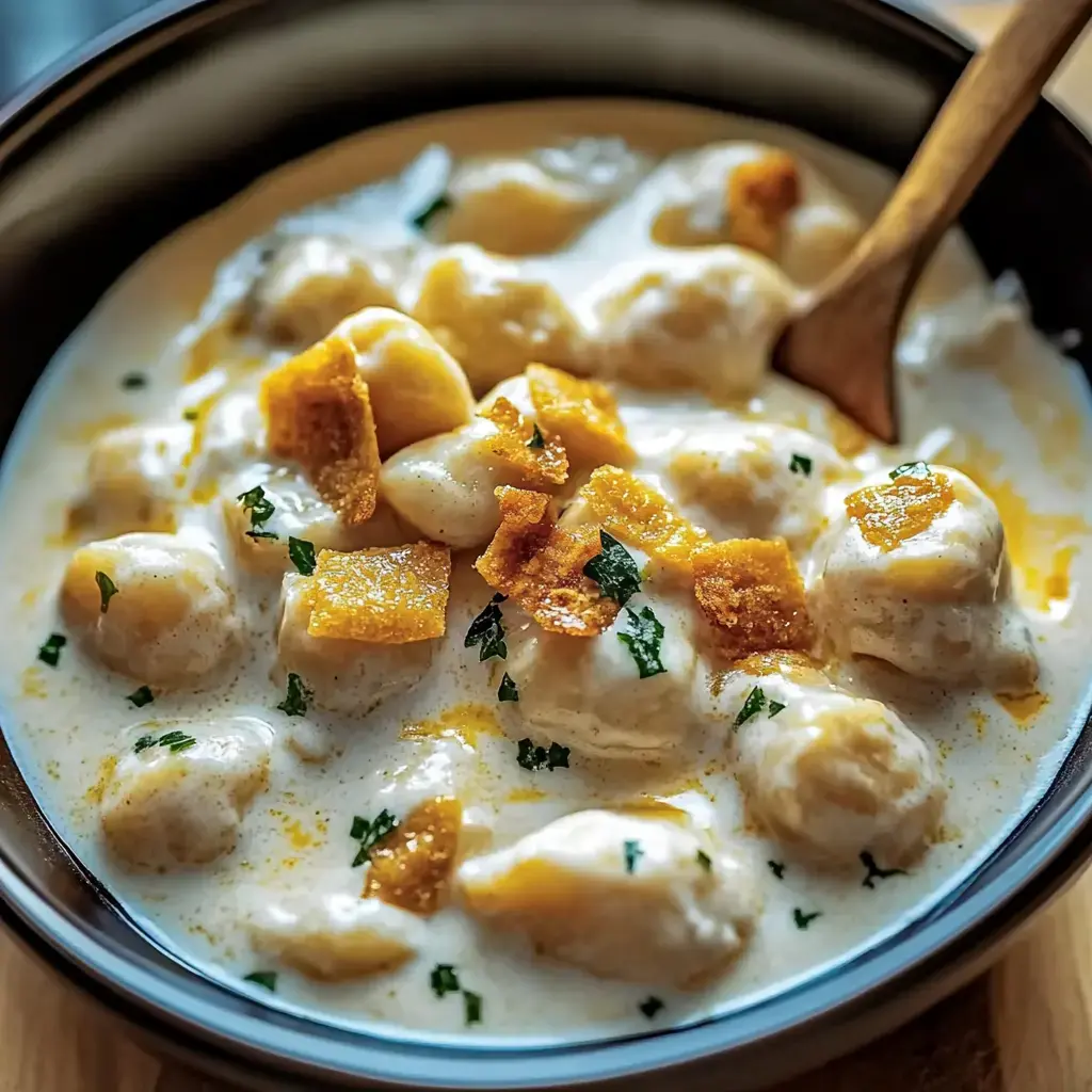 A creamy gnocchi bowl topped with crispy bits and fresh herbs.