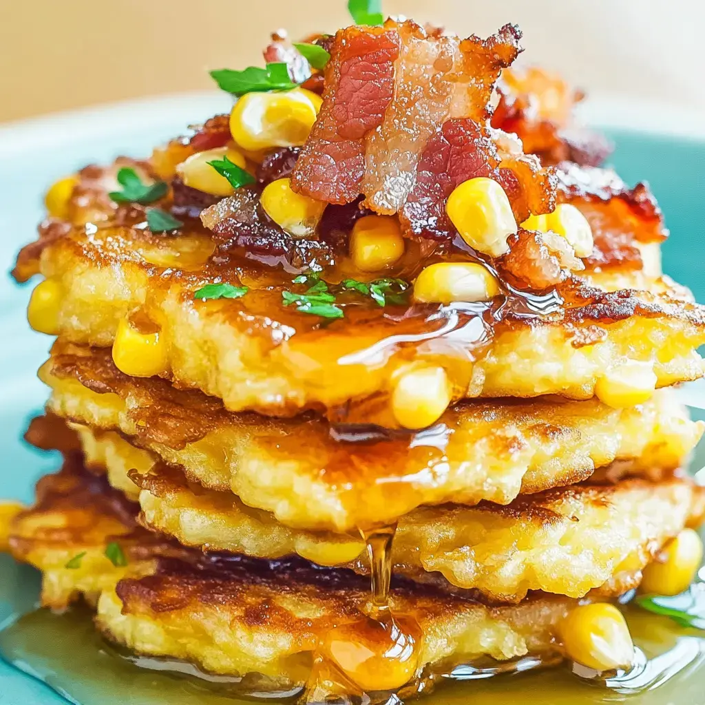 Golden corn pancakes stacked with crispy bacon bits, corn, and syrup on top, served on a blue plate.