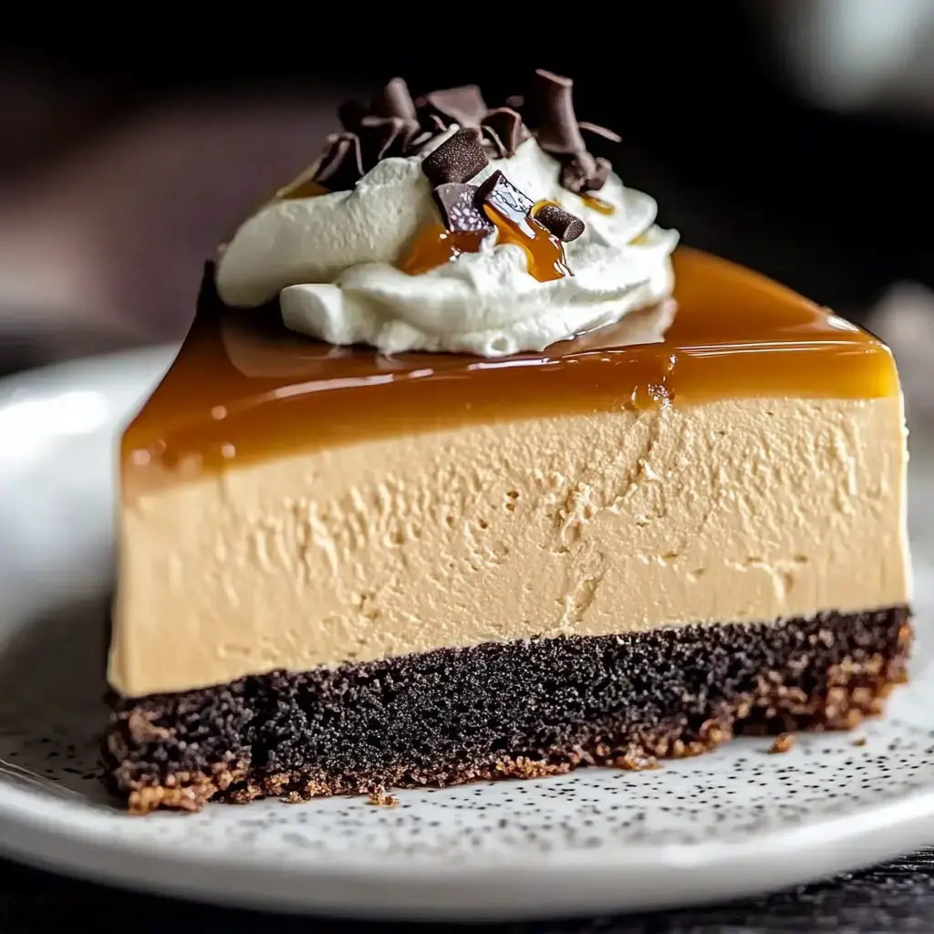 A decadent slice of chocolate cake layered with caramel mousse, topped with cream and chocolate shavings.