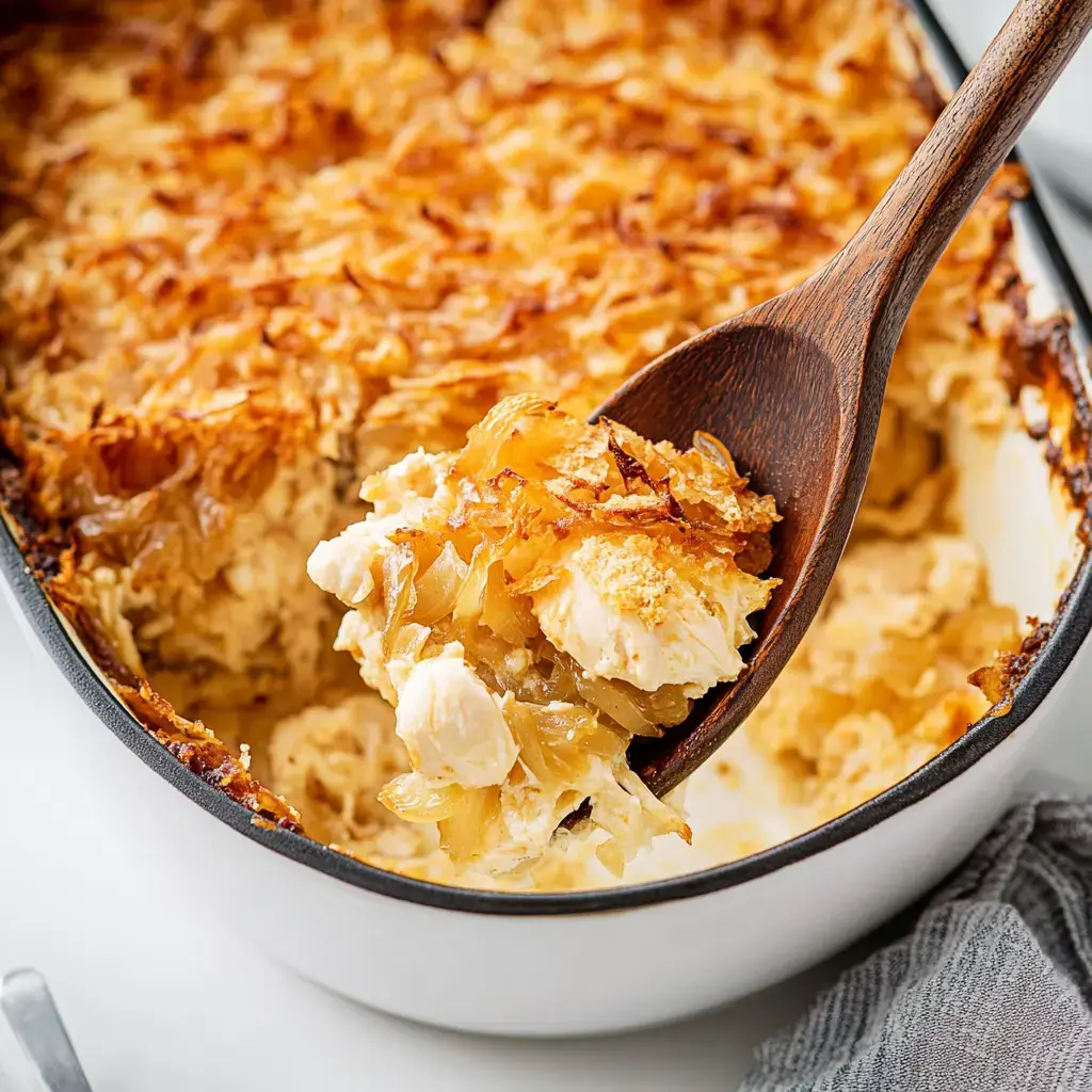 A white dish of creamy chicken bake being scooped with a wooden spoon. The top is golden and crispy.