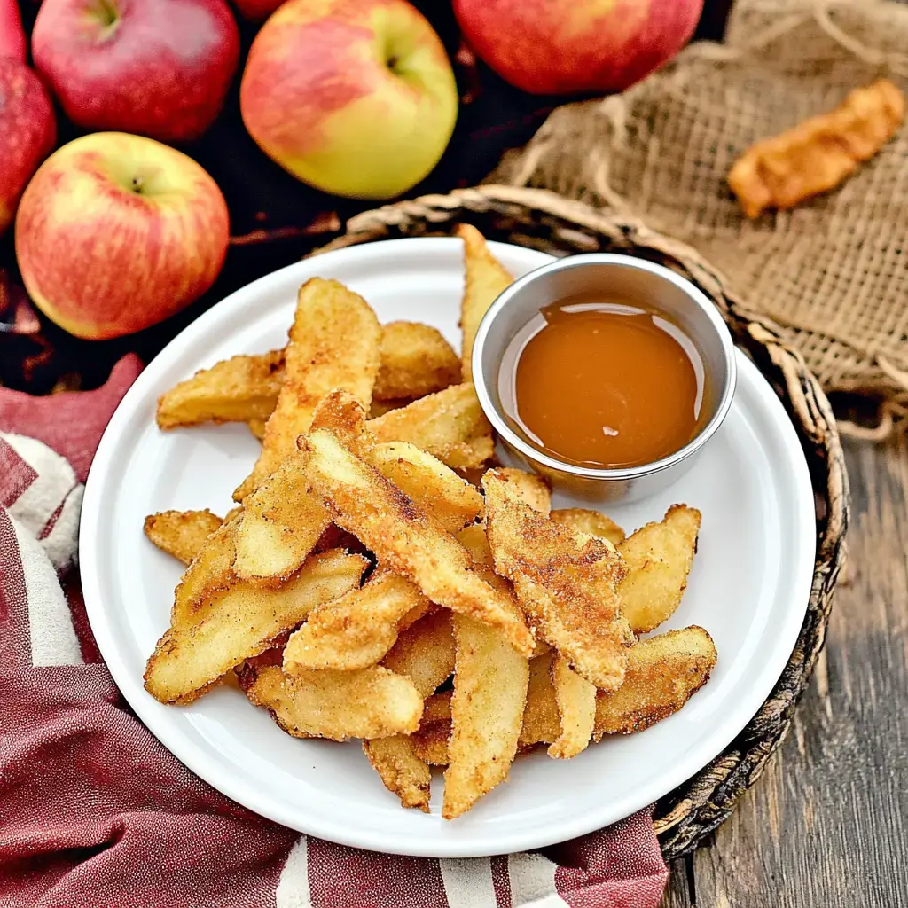 Crispy, golden slices of apple on a plate with caramel sauce ready for dipping. Fresh apples surround the dish.