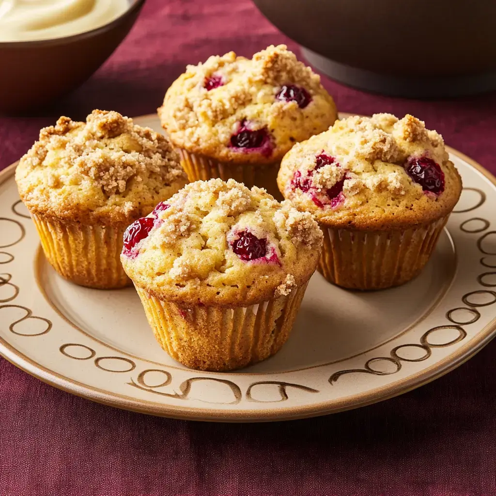 Four golden-brown orange cranberry treats with sweet crumbly tops on a textured background.