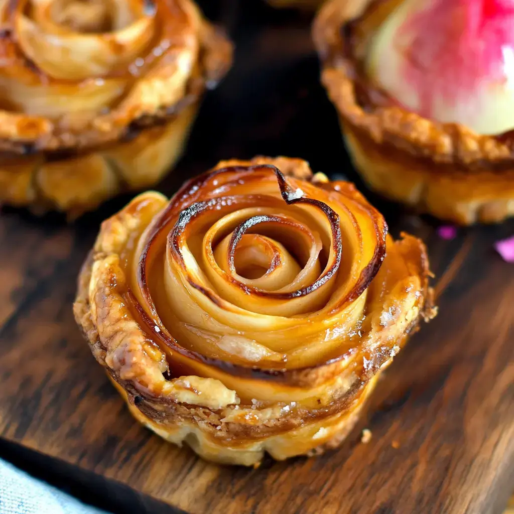 A detailed shot of a pastry dessert resembling a rose, crafted from thin apple slices in a golden crust.