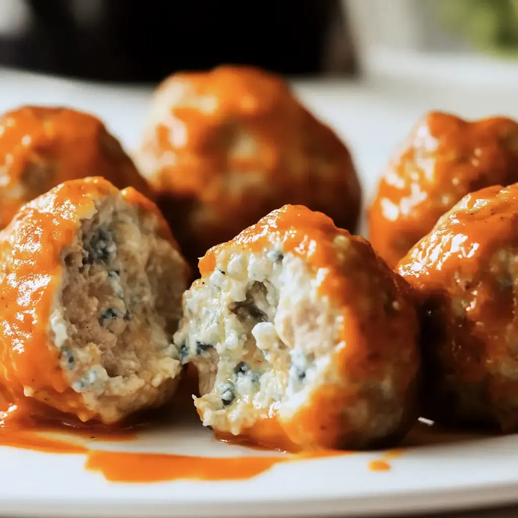 A zoomed-in shot of bright red buffalo meatballs, with one sliced open to show the blue cheese inside.