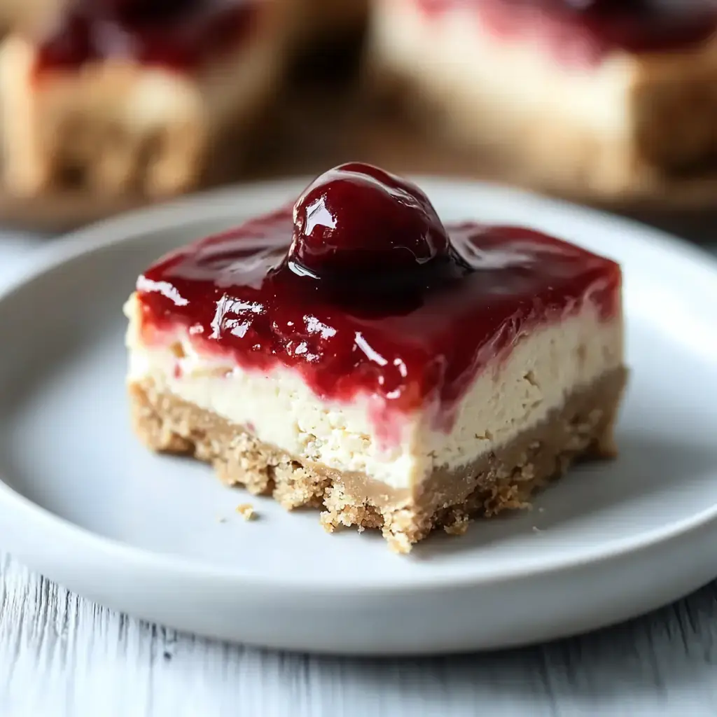 A creamy cheesecake slice with peanut crust and glossy fruit jelly, resting on a white plate.