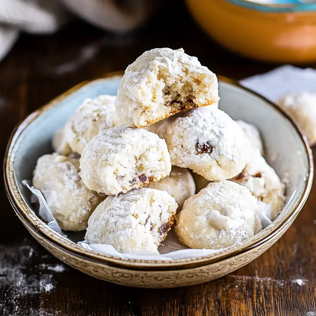 Cookies rolled in powdered sugar piled in a dish, one cookie with a bite missing, sitting on wooden table.