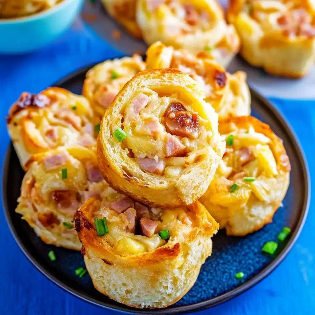Crispy rolls filled with ham and sweet pineapple, topped with fresh green onions, served on a plate.