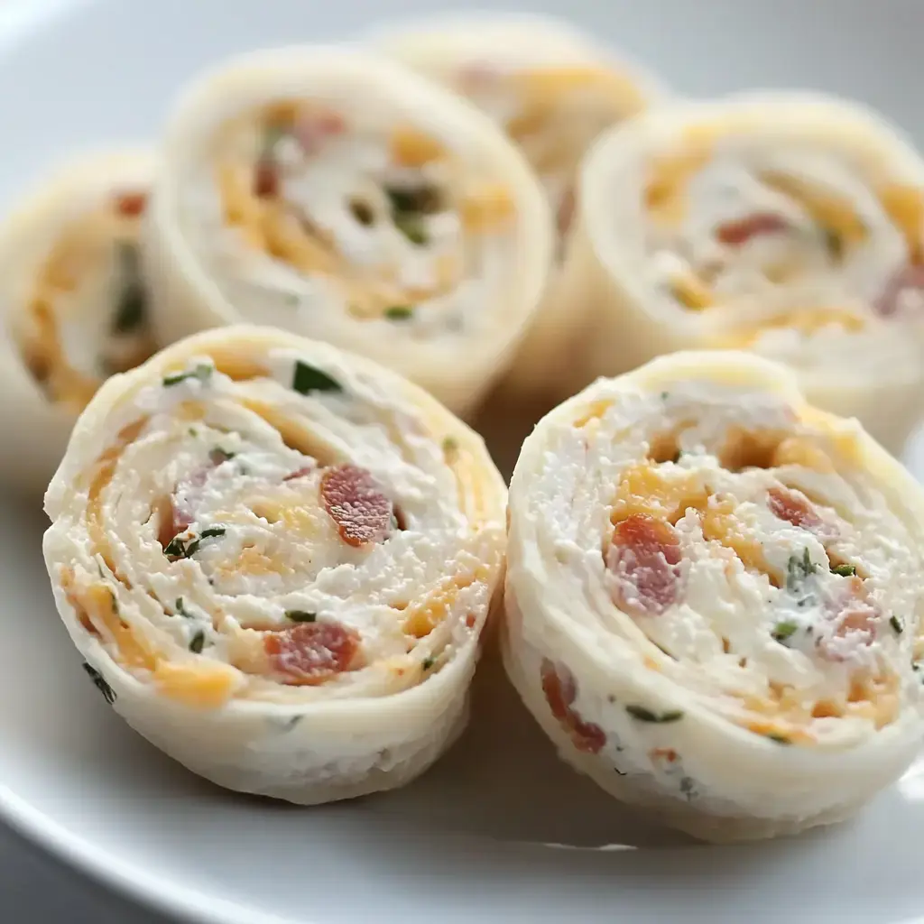 Sliced tortillas filled with creamy cheese, crispy bacon, and herbs stacked on a white plate.