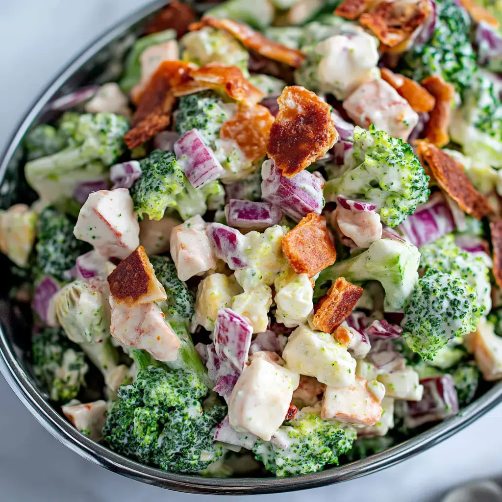 Close-up of broccoli salad with chicken, onions, and bacon crumbles.