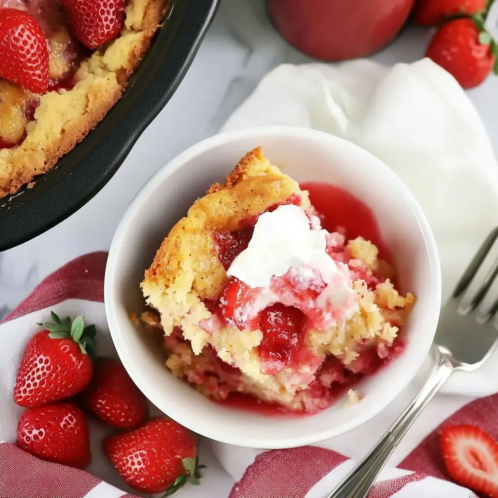 A serving of strawberry dessert with whipped cream, next to fresh berries on a red-striped napkin.