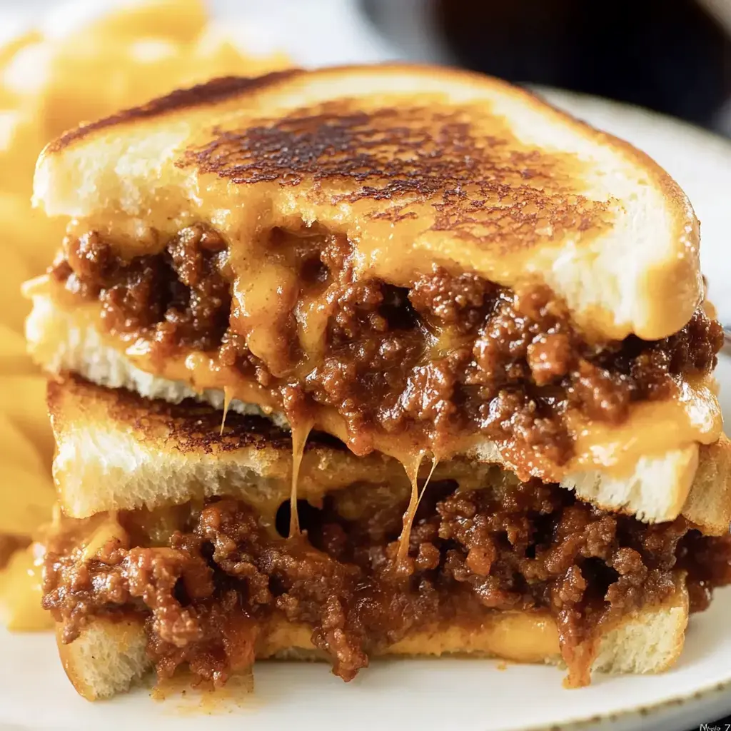 Close-up of a golden grilled cheese sandwich oozing with melted cheese and savory beef served with chips.