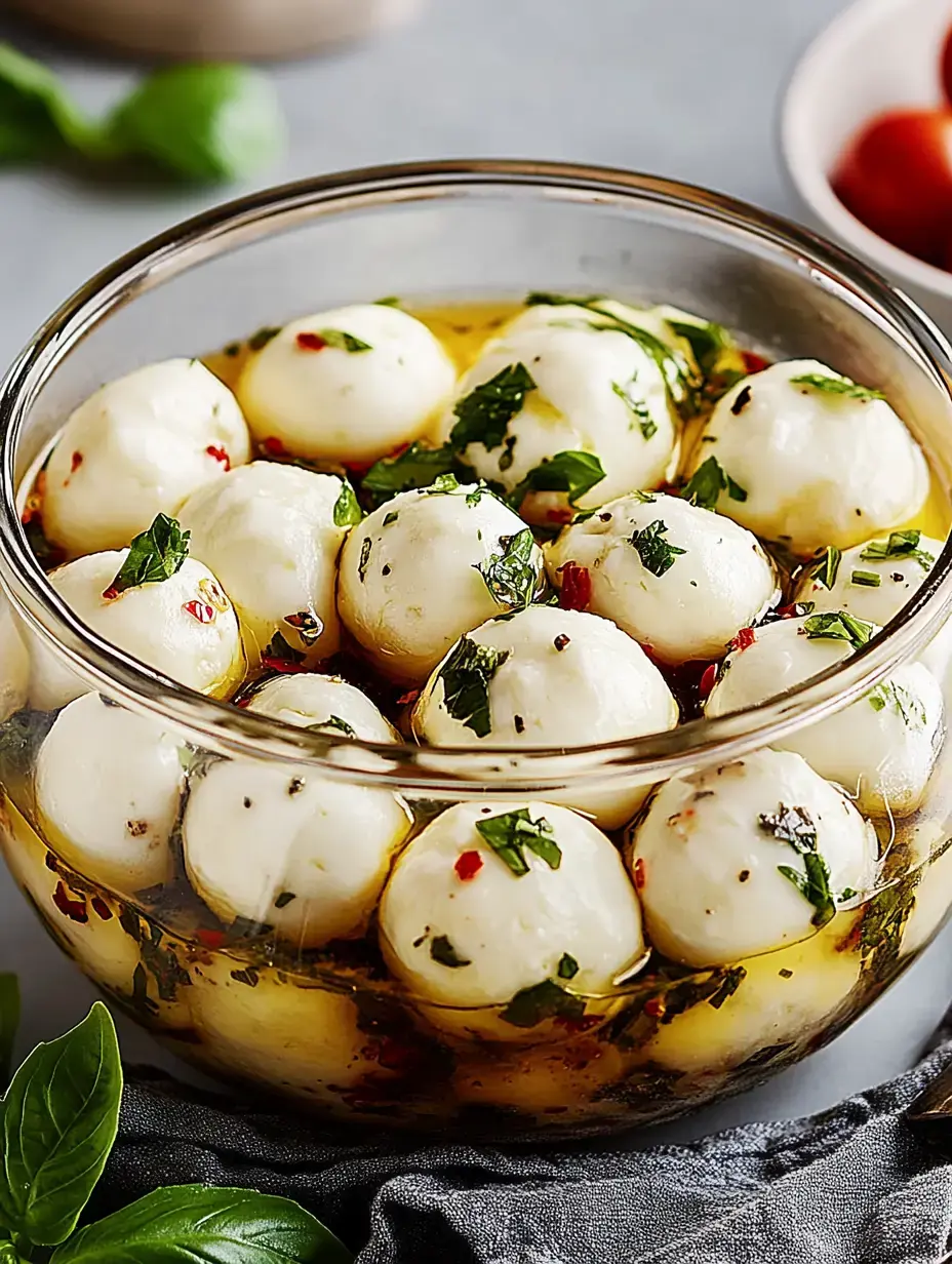 A glass jar of mozzarella balls in oil, topped with herbs and spices.