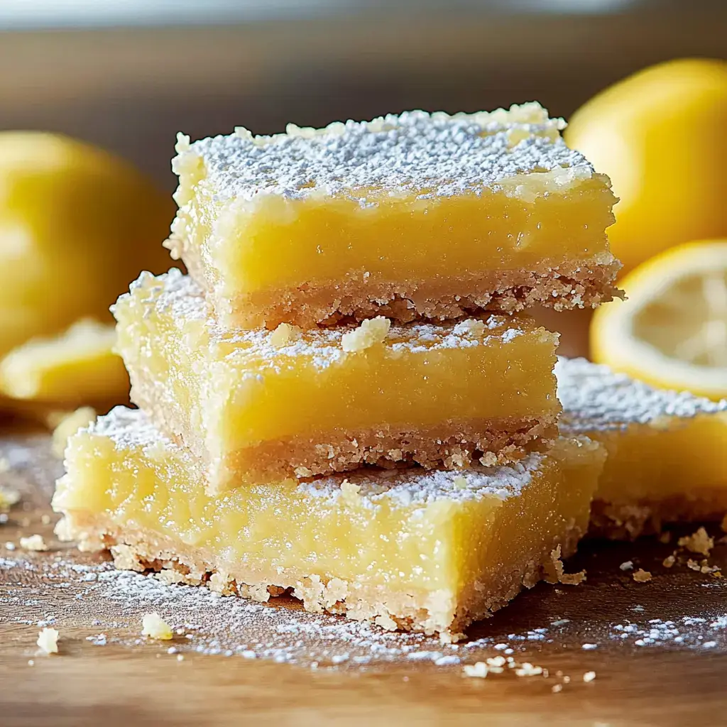 A stack of zesty lemon bars dusted with powdered sugar, alongside fresh lemons.