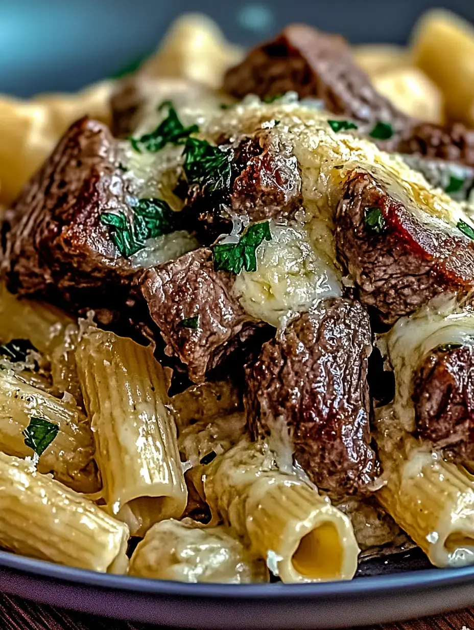 Close-up of creamy rigatoni pasta topped with juicy beef slices and garnished with parsley.