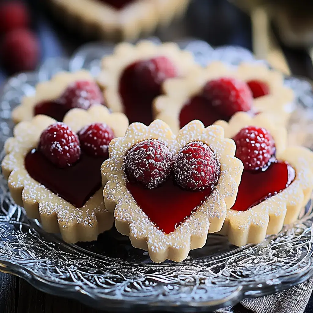 Heart-shaped cookies with raspberry jam centers, fresh berries, and powdered sugar on a plate.