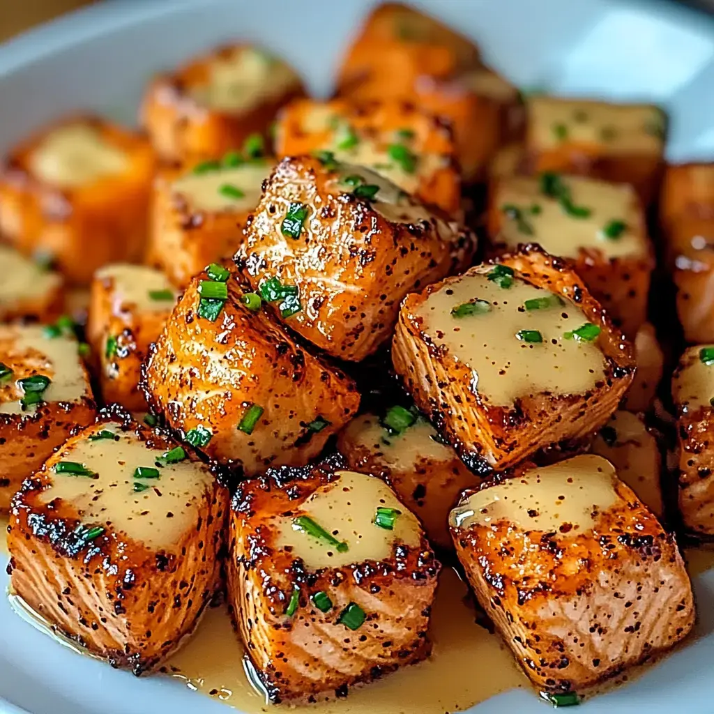 Close-up shot of glossy salmon chunks garnished with green onions on a plate.