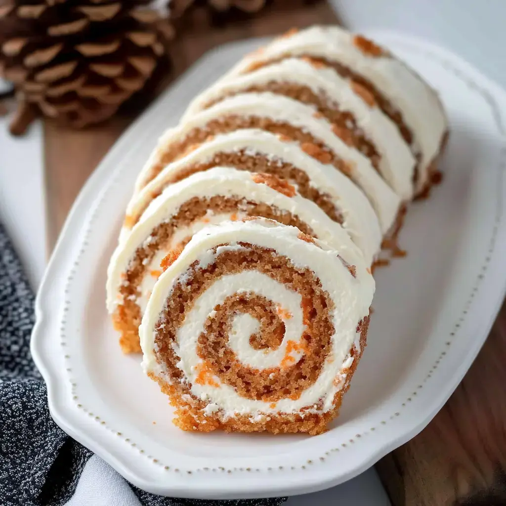 Slices of a spiced carrot roll filled with cream cheese frosting on a white platter with pine cones nearby.