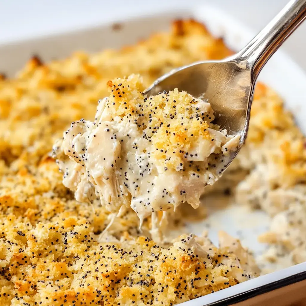 Lifting a spoonful of creamy chicken casserole topped with crispy crackers.