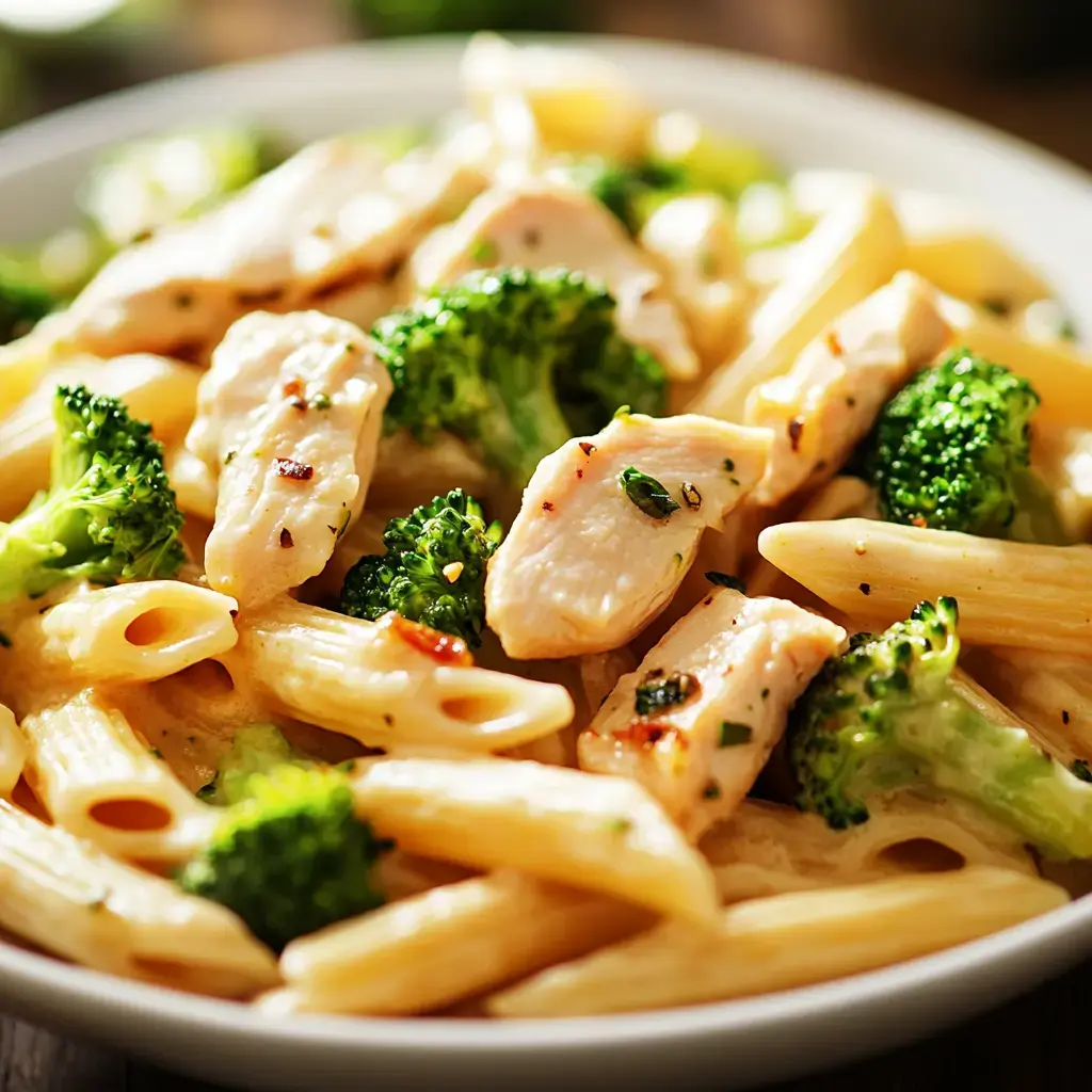 Close-up of pasta with creamy sauce, chicken, and broccoli.