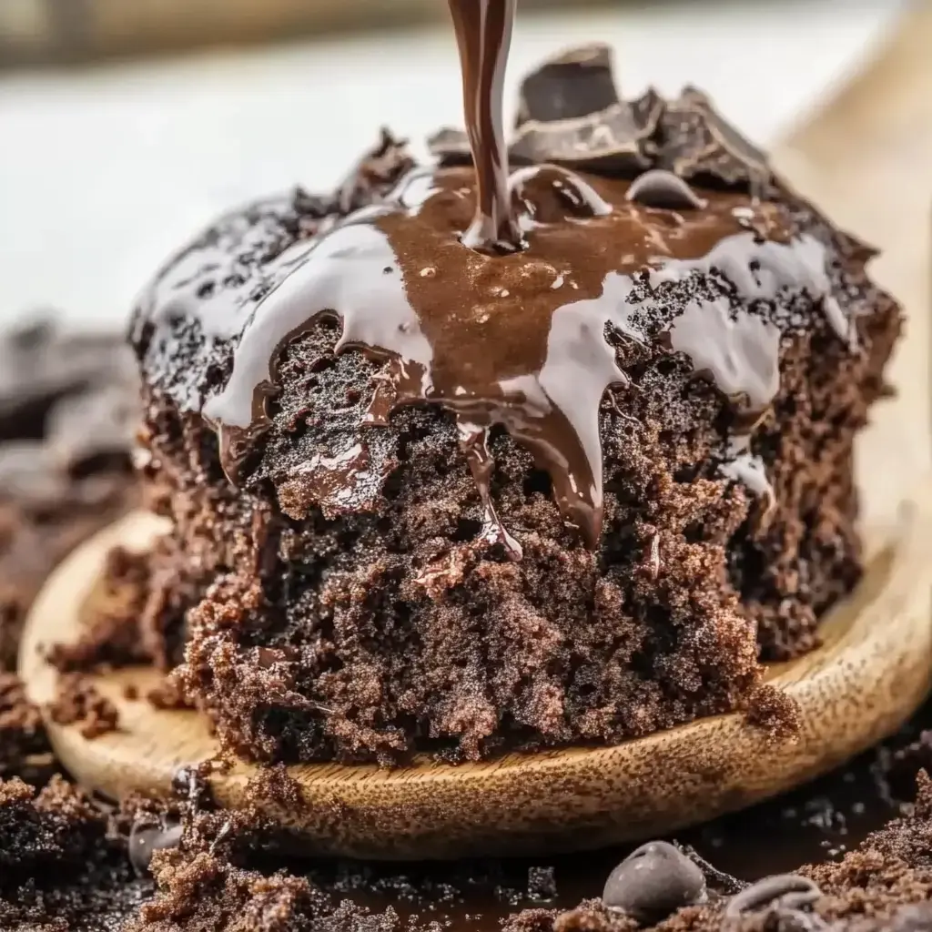 Up-close view of a gooey chocolate dessert with melted chocolate drizzling over the top on a rustic wooden plate.
