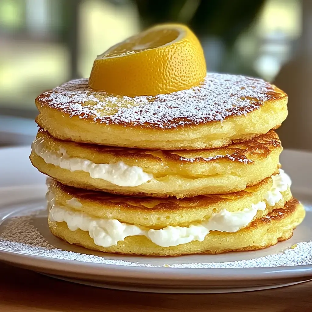 A lemon-topped stack of light pancakes, dusted with powdered sugar and creamy middle layers.