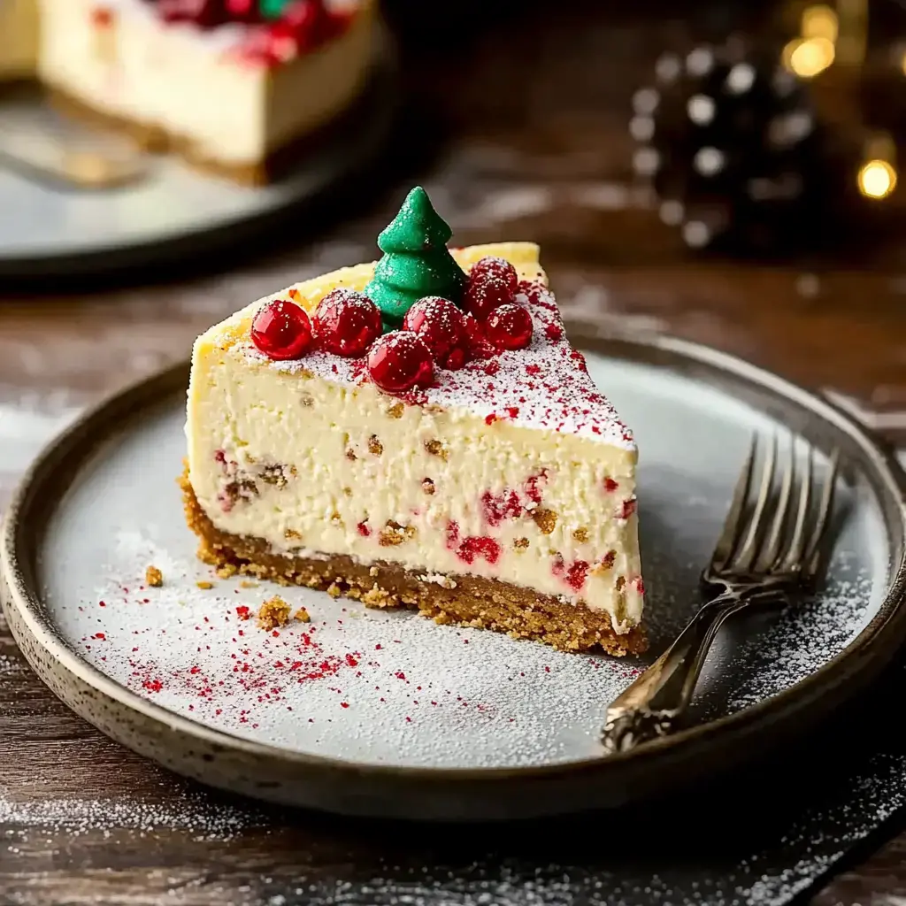 A festive cheesecake slice with bright red cranberries, a tiny green tree, and a snowy sprinkle of sugar on a dark plate.