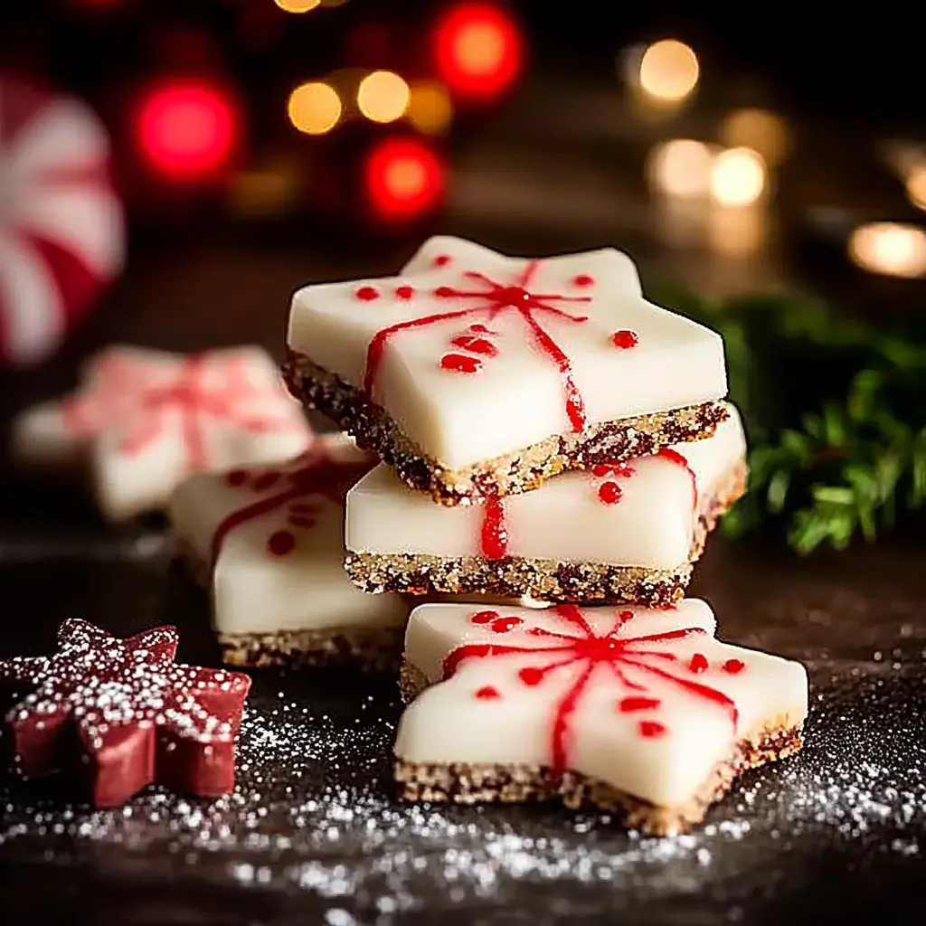 Festive star-shaped cookies stacked with white icing, a red swirl design, surrounded by holiday decor and powdered sugar.
